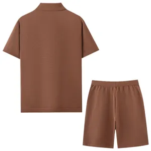 Brown knitted short sleeve polo shirt and shorts set, casual summer menswear detail view.
