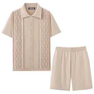 Men's summer knit polo shirt and shorts set, retro vertical stripe casual two-piece outfit.