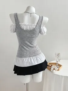 Sweet style color block spliced slim fit women short sleeve t-shirt top stylish