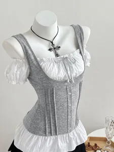 Grey corset layered white bow short-sleeve top chic spicy girl style versatile outfit