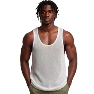 Close-up detail of men's white mesh knitted tank top, deep U-neck sleeveless summer top.
