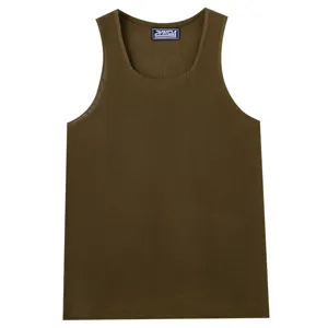 Men's deep U-neck knitted tank top, solid color sleeveless breathable summer casual sportswear.