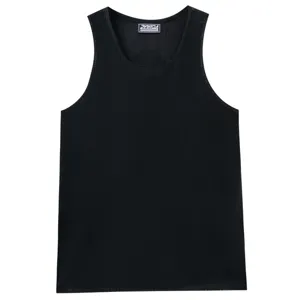 Detail shot of the black knitted tank top collar and breathable texture, casual summer style.