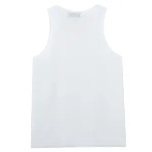 White knit tank top detail showing the breathable fabric texture and classic deep U-neck design.