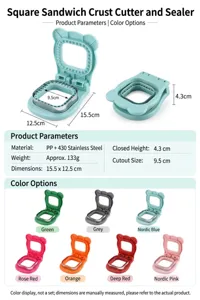 Dettaglio del tagliapane quadrato con lama in acciaio inossidabile e dimensioni precise.