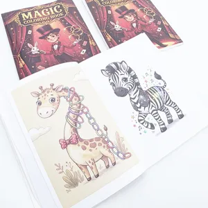 Magic coloring book detail shot showing cartoon animal illustrations and magician cover design.