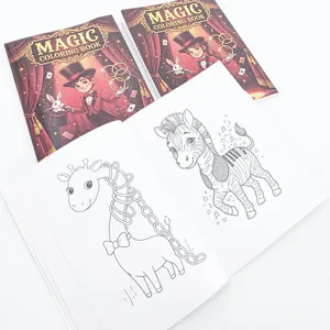 Detail view of the magic coloring book showing open black and white pages and illustrated cover.