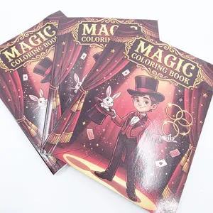 Detail view of magic coloring books featuring cartoon magician designs, set of three units.