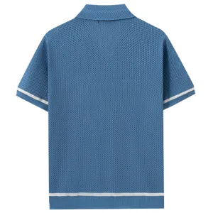 Men's casual short sleeve hollow knit polo shirt with Cuban collar and contrast stripe details.