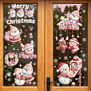 Pink Christmas electrostatic glass window stickers, cute Santa and snowman decals for door decor