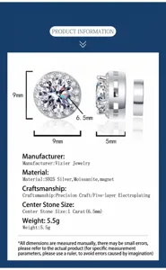Close-up view of S925 sterling silver moissanite magnetic earrings showing stone size and details.