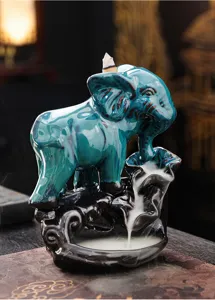 Ceramic elephant backflow incense burner close-up showing smooth glazed surface texture.