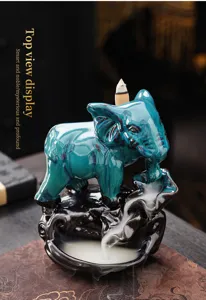 Detailed view of blue ceramic elephant backflow incense burner showing exquisite home decor art.