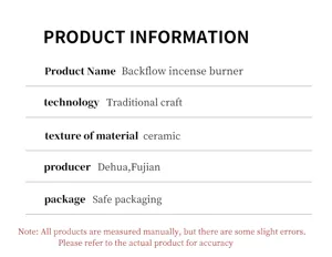 Detailed product specification chart of the ceramic backflow incense burner art piece.