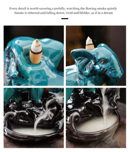 Elephant backflow incense burner detail, teal ceramic sculpture, tranquil smoke waterfall view.