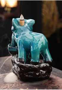 Detailed view of the teal ceramic elephant backflow incense burner, home decor ornament.