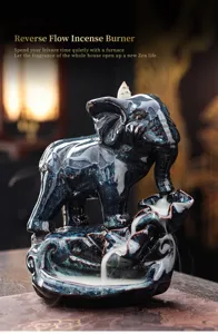 Detailed view of ceramic elephant reverse flow incense burner, showing smooth smoke.