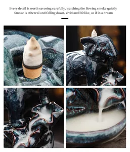 Detailed close-up view of ceramic elephant backflow incense burner with exquisite smoke.