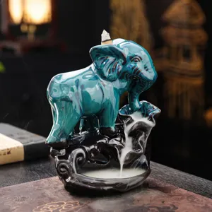 Ceramic elephant backflow incense burner smoke waterfall ornament for home decor meditation