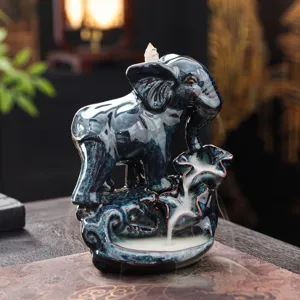 Ceramic Elephant Backflow Incense Burner Lotus Leaf Smoke Waterfall Home Decor Aromatherapy