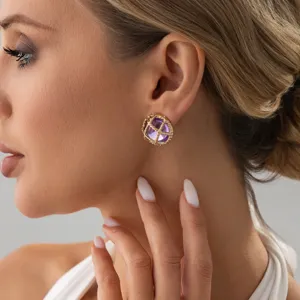 Franse vintage paarse kristal gouden oorknopjes voor vrouwen elegante mode detail