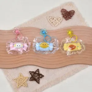 Cute candy squishy keychain set, soft decompression pinch toys with floral ring pendants main.