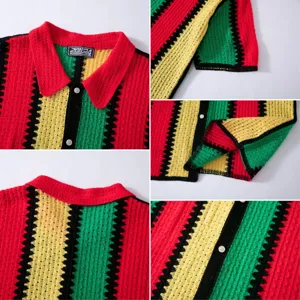 Vintage Jamaican color block knit polo shirt detail, hollow design, casual men summer wear.