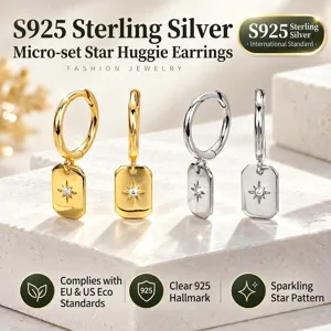 925 Sterling Silver North Star Pendant Hoop Earrings For Women Geometric Rectangular Zirconia Dangle Earrings French Jewelry