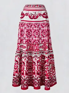 Elegant women's red and white majolica printed high waist midi beach holiday skirt.