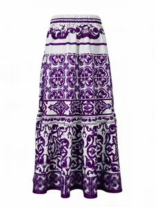 Stylish women's purple and white tile print long midi skirt, perfect for beach holiday wear.