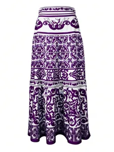 Detailed view of the women's purple and white printed long beach skirt featuring baroque style tile patterns.