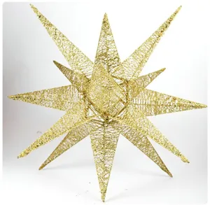 Gold Glitzer Stern Detail, 14-zackige Drahtstruktur für Weihnachts-Hängedekoration und Feiertag.