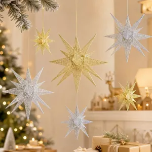 Weihnachts 14-Zacken Eisenstern Hängeornament, Gold Silber Metall hohl Weihnachtsfeier Dekor.