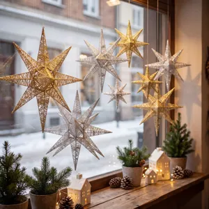 Weihnachtssterne Deko Hängend Eisen Draht Stern für Schaufenster Feiertag Party 3D
