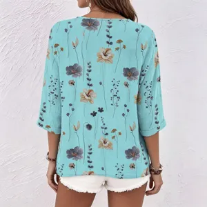 Floral print turquoise blouse casual V-neck short sleeve shirt for women summer fashion style