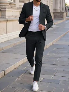 Men's Business Leisure Suit Set Solid Color Notch Lapel Single Breasted Blazer With Trousers Formal Office Wedding Outfit