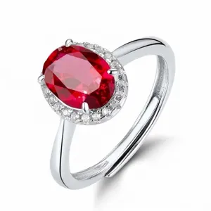 Vintage 925 Sterling Silver Oval Lab Grown Emerald Ruby Halo Ring Adjustable Luxury Zirconia Wedding Ring For Women Jewelry