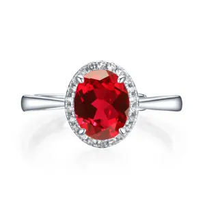 Stunning oval created ruby halo ring in S925 sterling silver, vintage luxury women jewelry main view