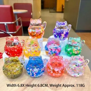 Cute resin crystal lucky cat figurine, colorful beads fill, desktop decoration ornament 6.8cm.