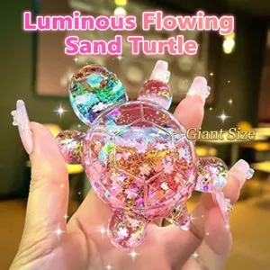 Detailed close-up of luminous liquid quicksand turtle keychain pendant with sparkling glitter.