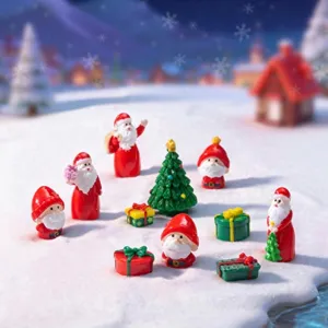 Kerst hars miniatuur ornamenten set, schattige Kerstman en geschenkdoos decoratie details.
