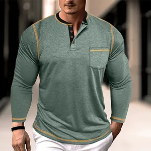 Men Casual Henley T-Shirt Long Sleeve Contrast Stitching Chest Pocket Button Top Solid Color Quick Dry Breathable Fashion Top