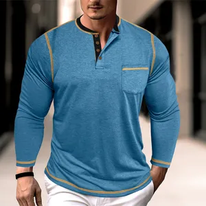 Men's long sleeve henley shirt casual slim fit contrast stitching stylish daily pullover top