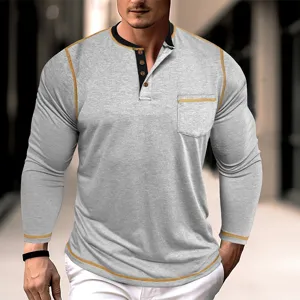 Men's long sleeve henley t-shirt casual contrast stitching button pocket pullover top style.