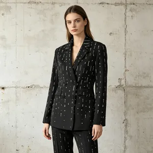 Chic women black blazer suit with white pearl dots, casual lapel double breasted stylish outerwear.