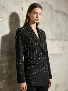 Women European Design Artificial Pearl Embellished Blazer Loose Casual Lapel Double Breasted High End Suit Jacket Fashion Long Sleeve Outerwear Top