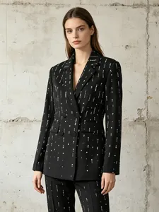 Women black blazer suit set, elegant double breasted pearl decorated casual jacket.