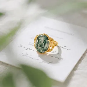 Vintage 925 Sterling Zilveren Ring 10K Verguld Natuurlijke Groene Mosagaat Verstelbare Ring Ovaal Bladpatroon Sieraden Voor Vrouwen
