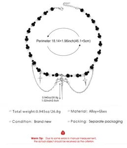 Gotische zwart-witte kraal ketting met ster hangers, legering en glas, trendy sieraad.