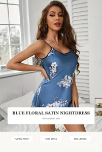 Blue floral satin nightdress with cami style and mini length for comfortable sleep.